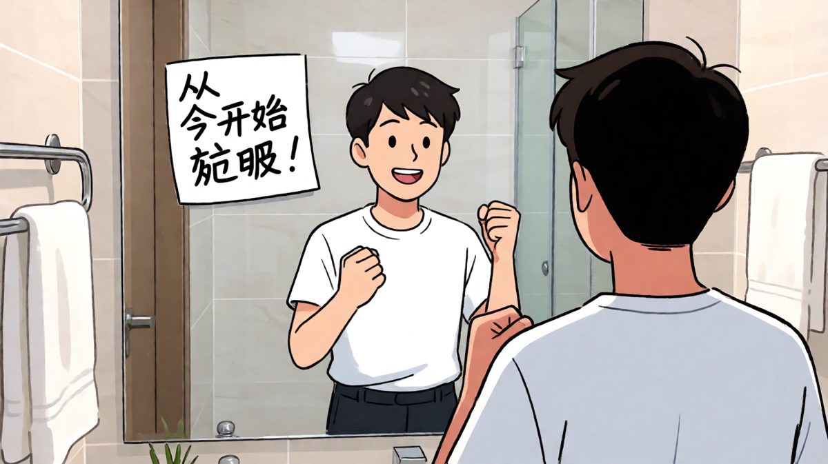 早上对着镜子立誓：从今天起，我要减肥！