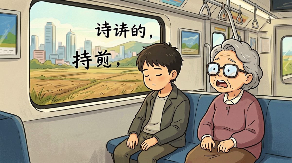 第2格：地铁一路狂奔，窗外的风景从高楼变成了乡下，主角还在沉睡