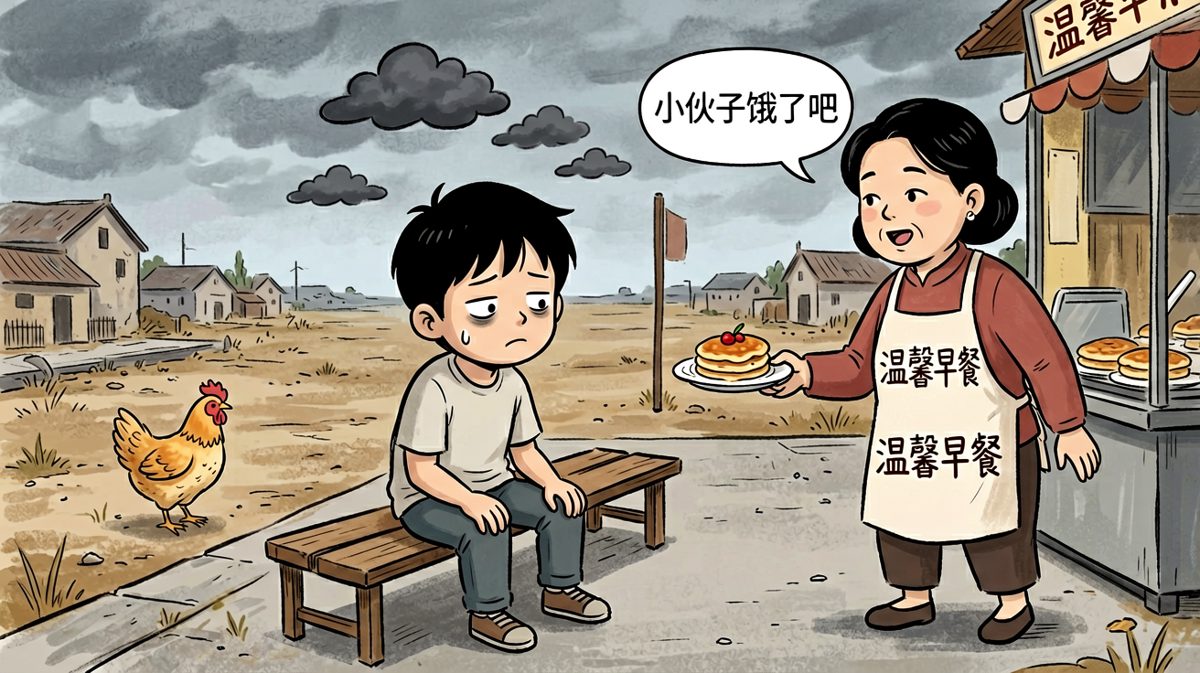 第4格：坐在终点站生无可恋时，路过的早餐阿姨送来自家煎饼，画面更感人了