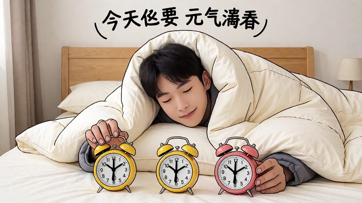 闹钟响了三遍，主角选择继续睡