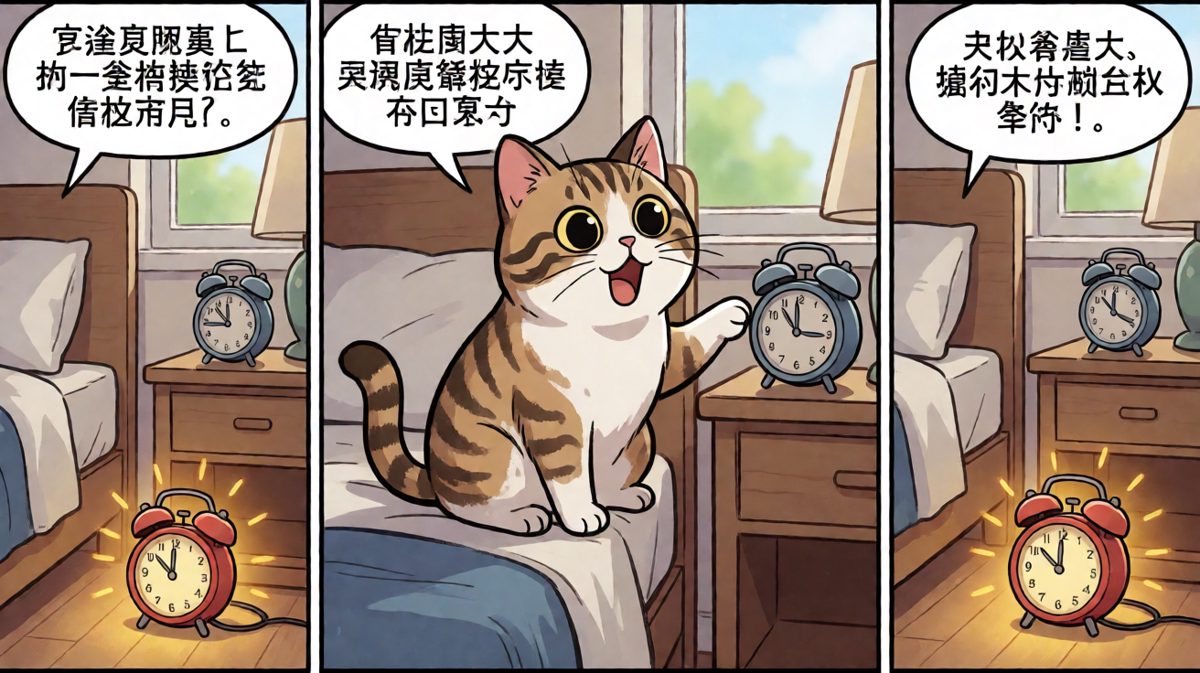 猫猛然惊醒，以为闹钟还在响