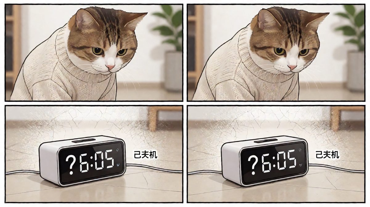 猫发现闹钟早就关了，表情崩了