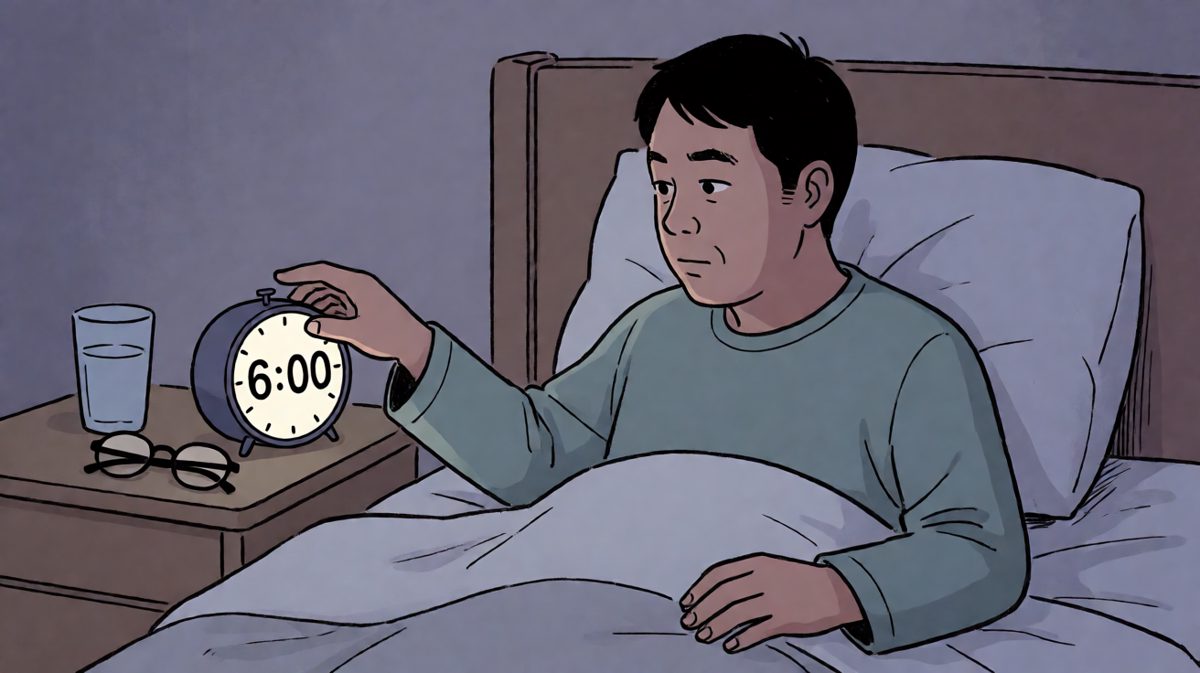 闹钟响了，主角痛苦挣扎