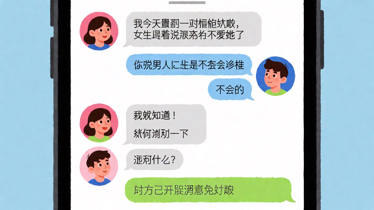 女生借题发挥暗示'男人不珍惜'，男生老实接话'不会的'，下一秒就被要求现场证明。