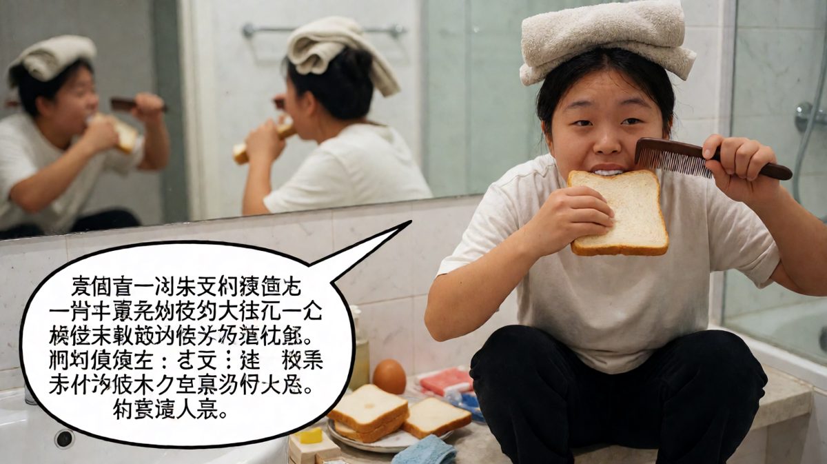 第三格：十分钟完成全部洗漱流程，画风逐渐失控。