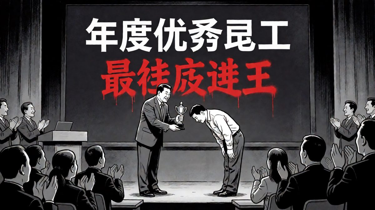 老板：'恭喜你获得年度优秀员工！'员工：'谢谢老板，这份奖……我投了三年才等到。'