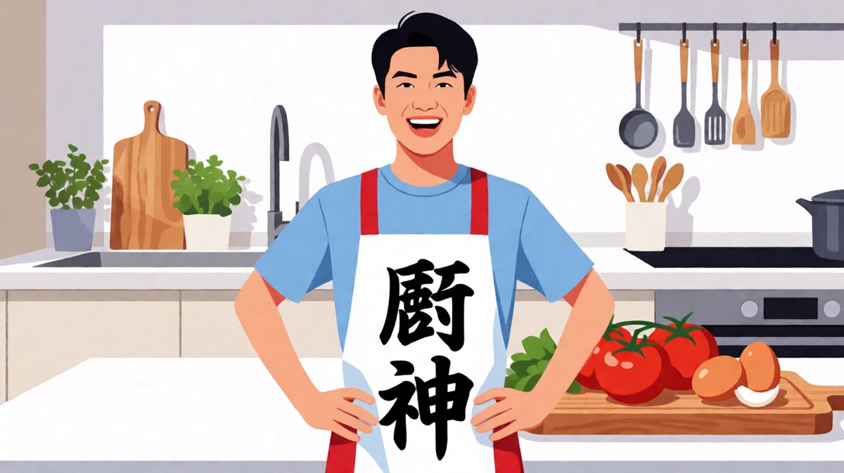 主角系上'厨神'围裙，自信宣称今天要露一手。