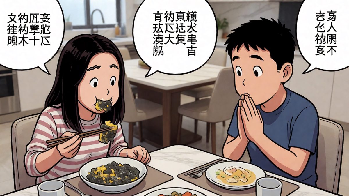 朋友尝了一口后的人生定格，主角还在期待好评。