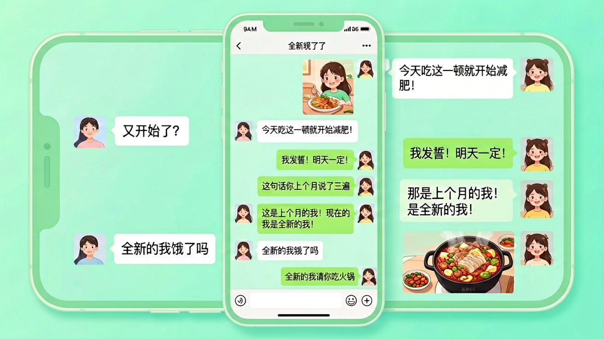 减肥flag的永恒轮回：从'全新的人'到'请你吃火锅'只需一夜。