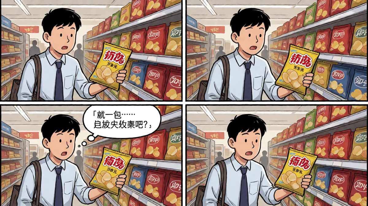 主角盯着天价薯片，内心疯狂挣扎