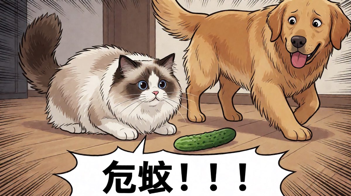 猫咪：哪来的绿色怪兽！！
