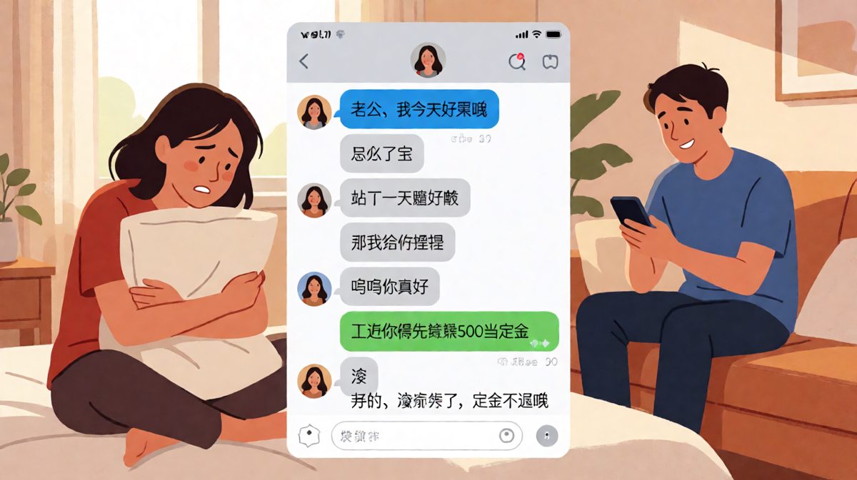 情侣聊天第二波：暖心关怀的尽头是500块定金。