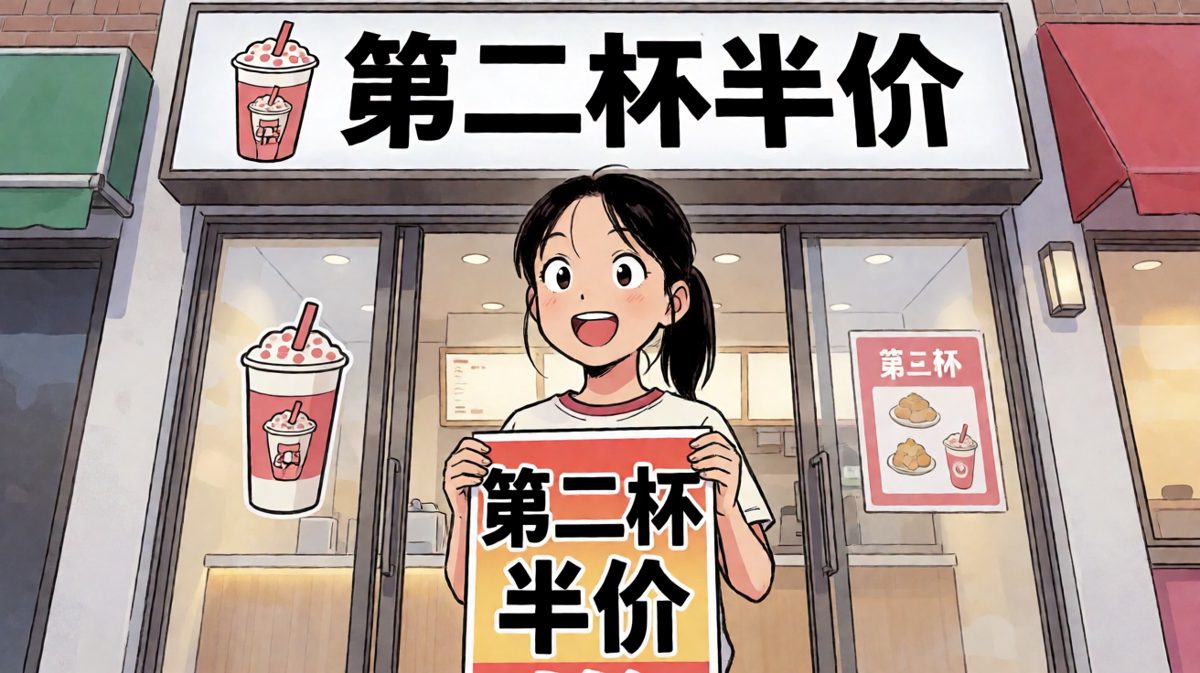 女孩看到奶茶店促销，激动地举起海报