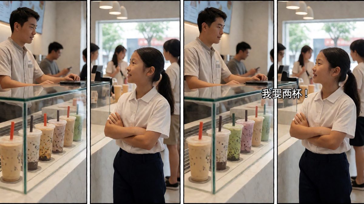 女孩自信地点了两杯奶茶