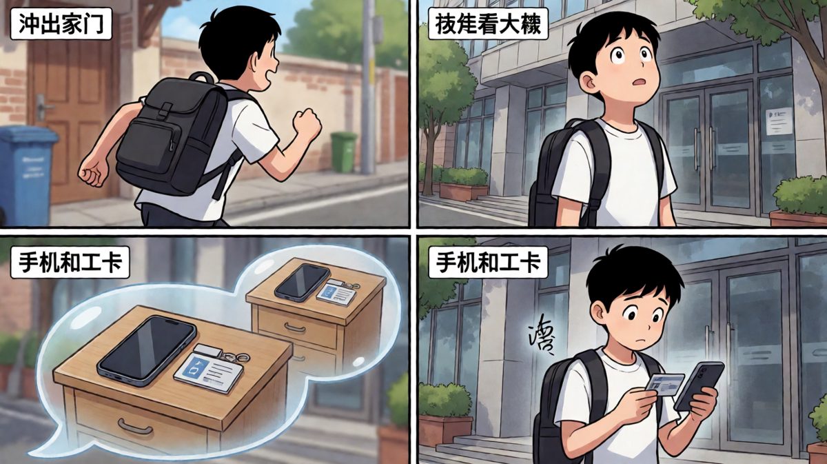 跑到公司才发现——手机和工卡还在床上。