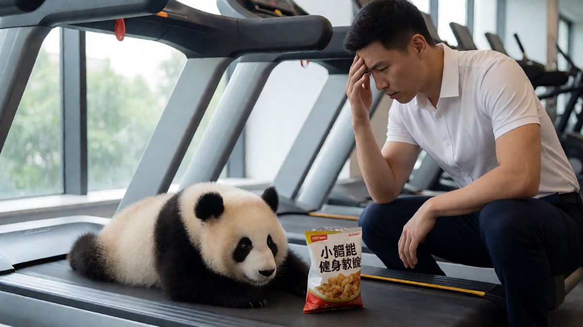 健身半小时后，小熊猫已经在跑步机上睡着了