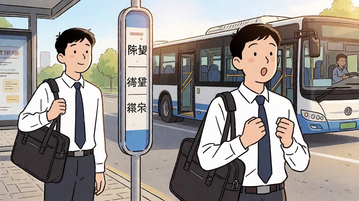 小陈远远看到公交车进站，眼睛瞬间放光。