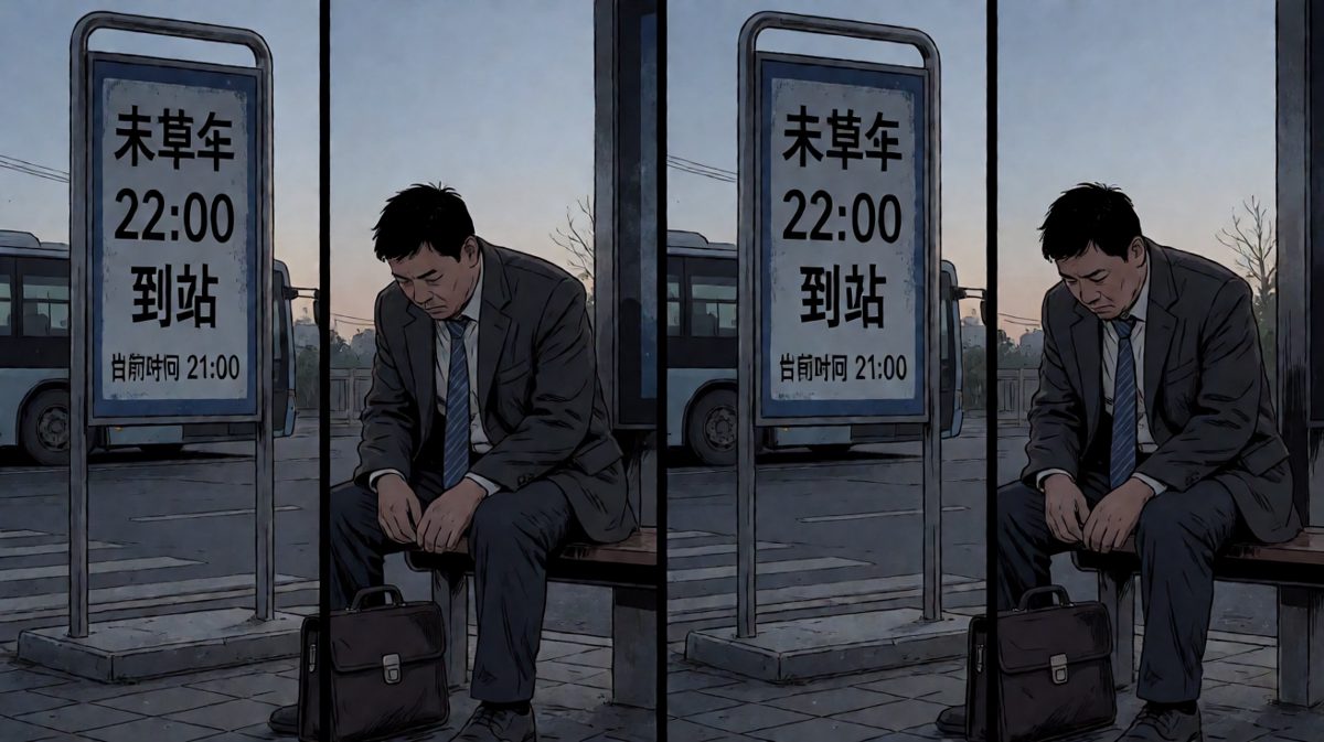 小陈瘫坐长椅，抬头看到告示牌——末班车还有一小时。