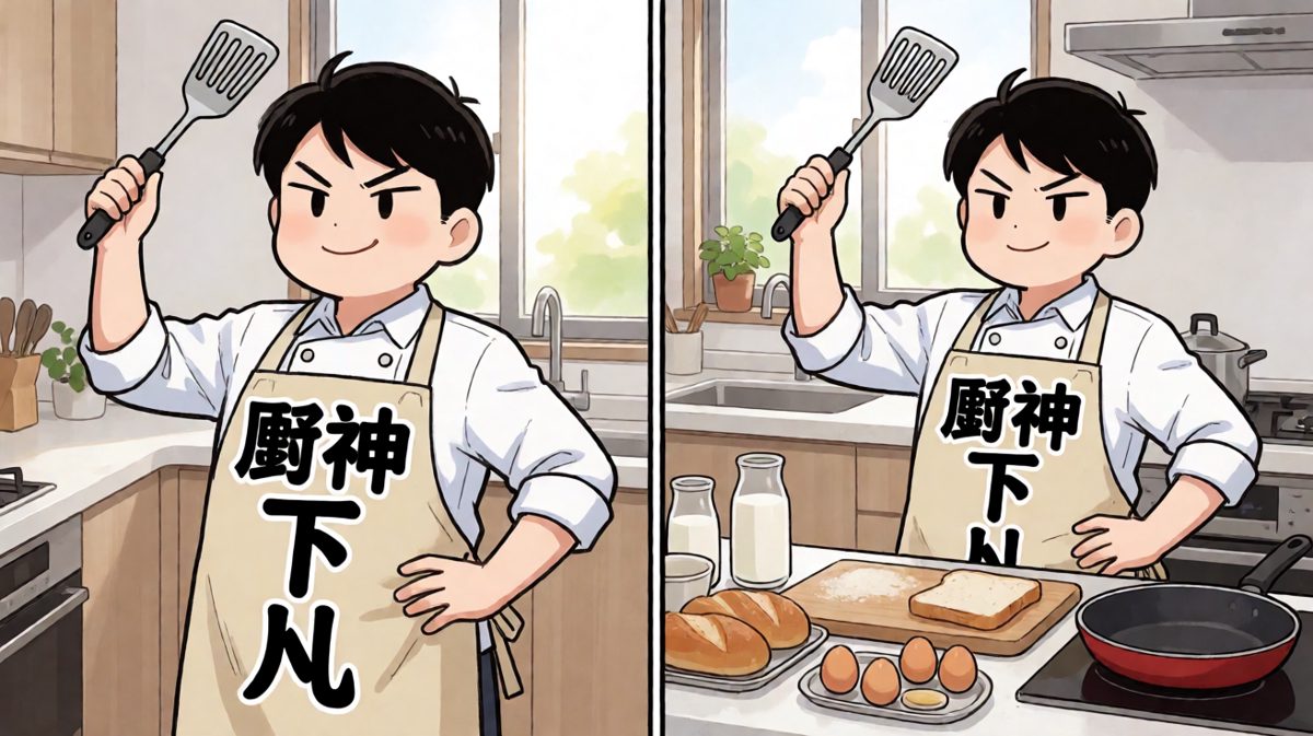 小明系上围裙，宣布今日要亲自下厨做一顿豪华早餐。
