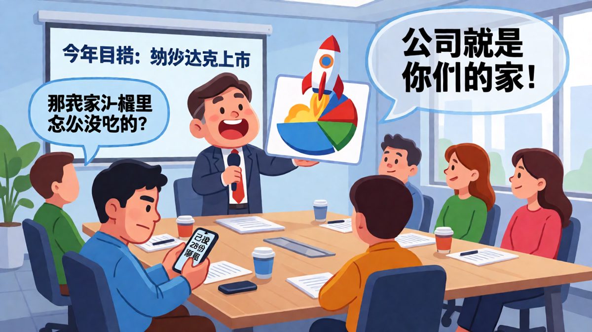 老板画饼谈理想，员工手机刷简历