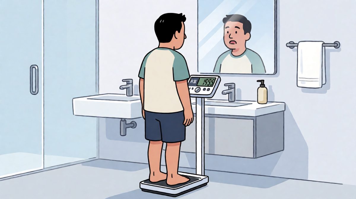 看着体重秤上的数字，发誓今天开始减肥！