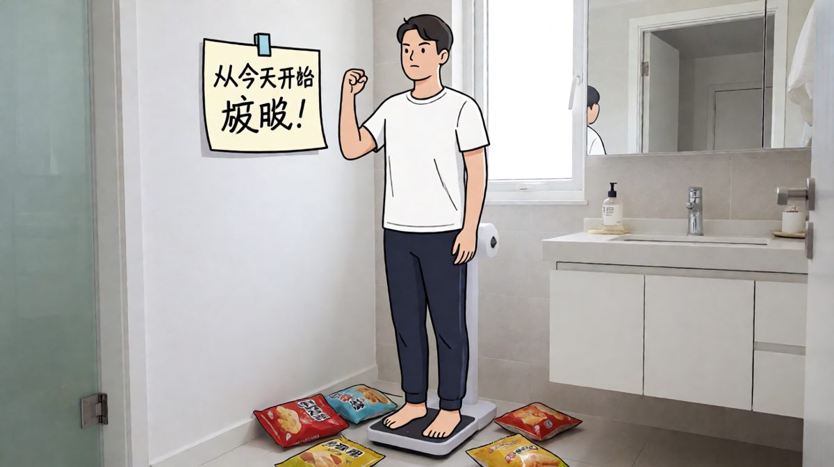 主人公对着体重秤上的数字立下减肥誓言，气势如虹。