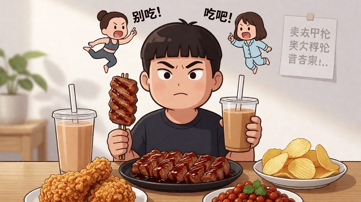 大脑里两个小人在激烈辩论，身体却已经伸向了美食。