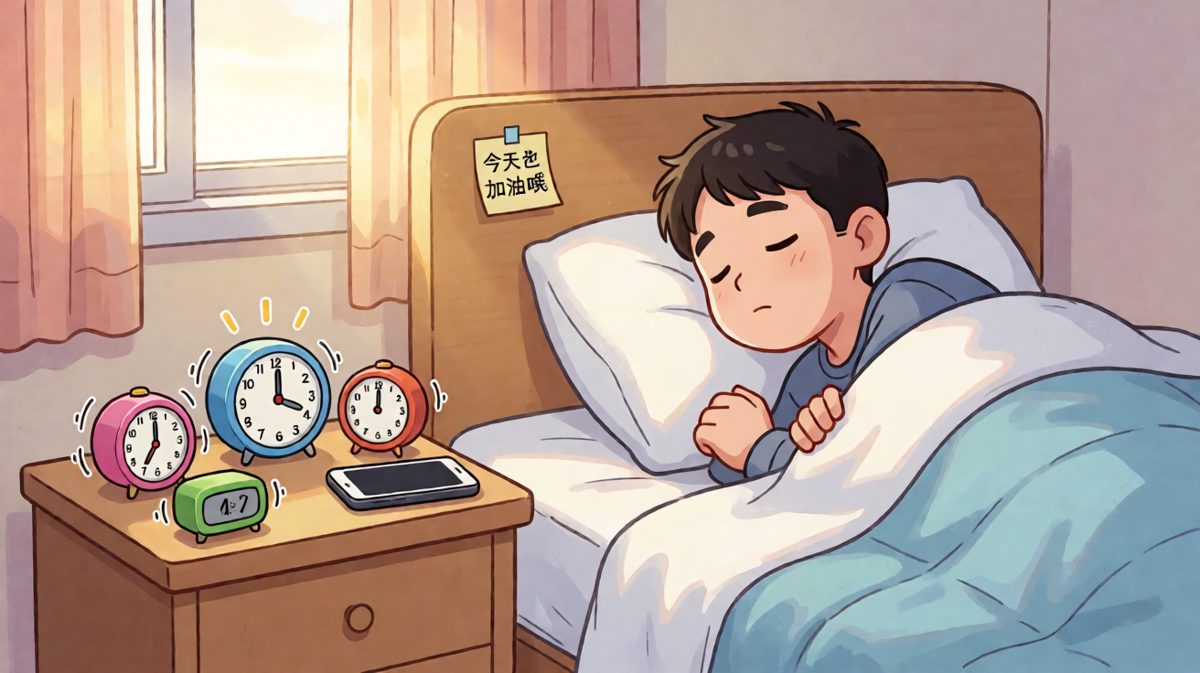 第一格：闹钟大战，主角选择闭眼认输。