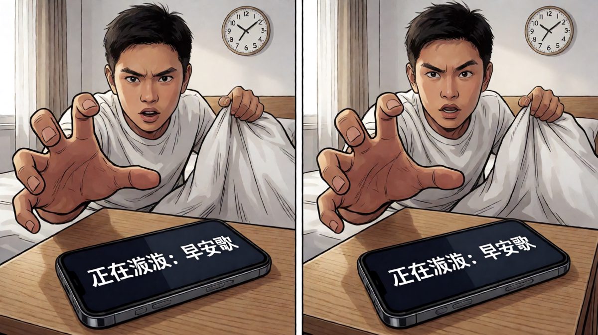 第二格：闹钟响了八遍，我终于决定暴力关机。