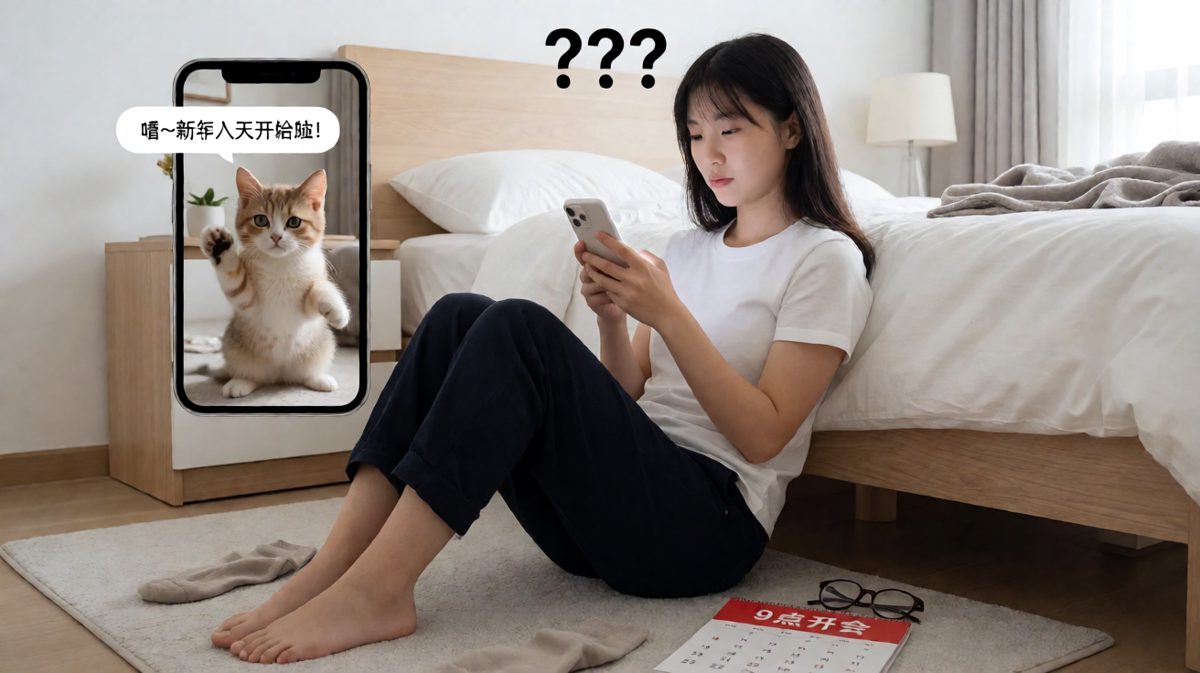 第三格：关闹钟没成功，反而打开了社死现场。