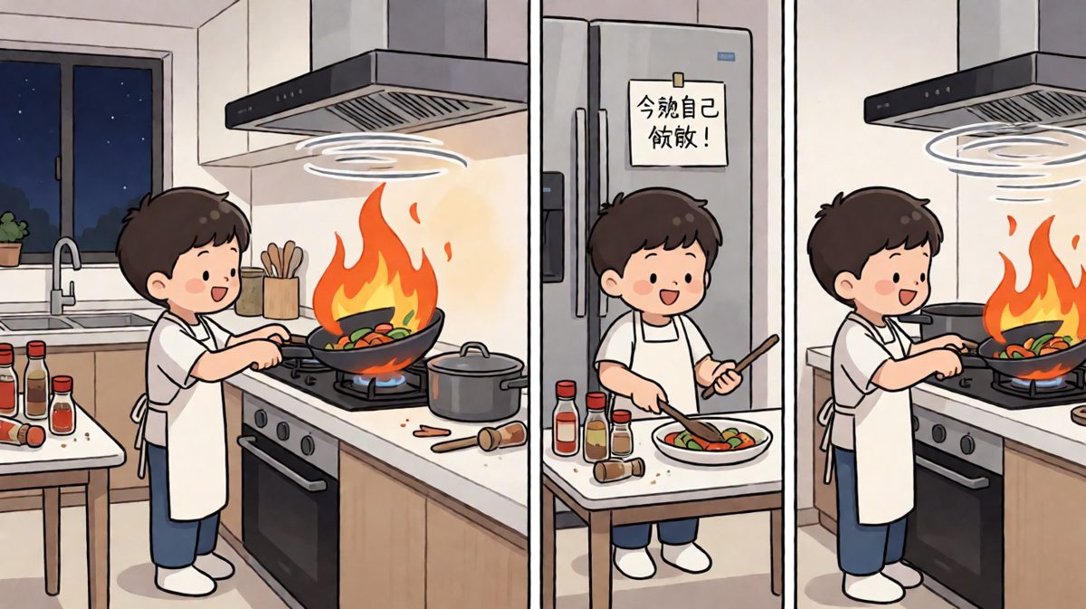 小明决定自己做饭，结果手忙脚乱