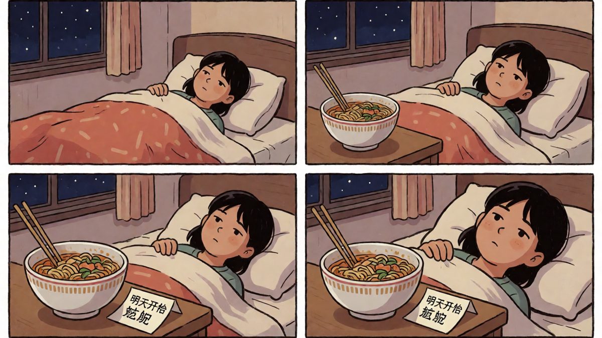 最终只吃了两根面条，在饥饿与满足的矛盾中入睡