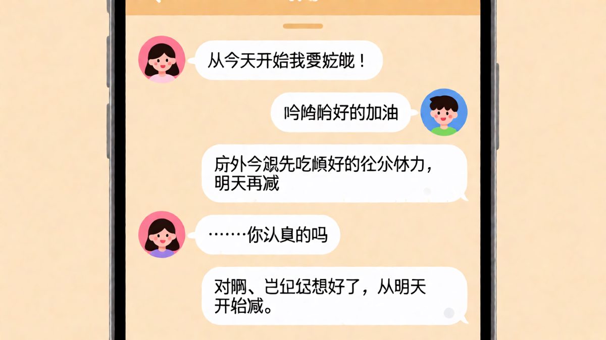 女生信誓旦旦宣布减肥，下一秒就用'先吃一顿'的逻辑把自己说服了。