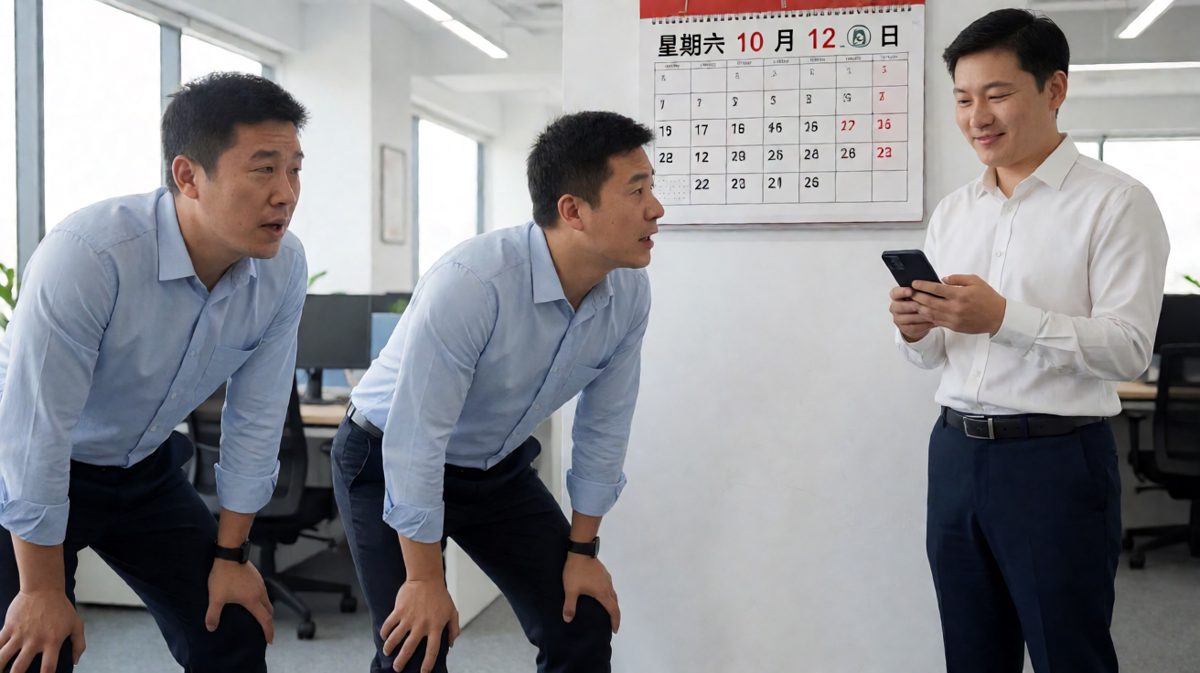 同事：'你今天……不是周末吗？'