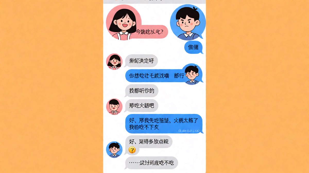 女生让男生决定吃什么，男生各种让步，最后女生说火锅太辣吃不下去——到底吃不吃？