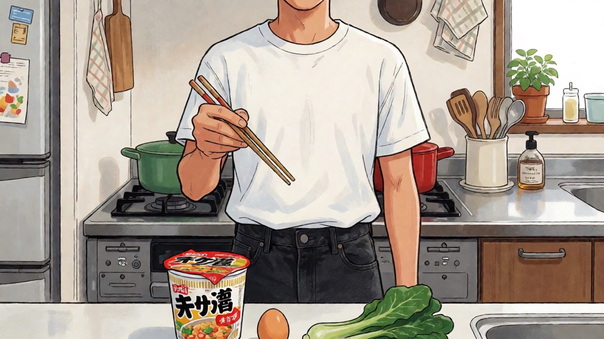 男子雄心勃勃准备煮一份精致的泡面