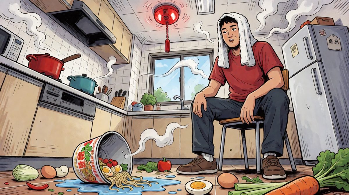 烟雾报警器响了，厨房一片狼藉