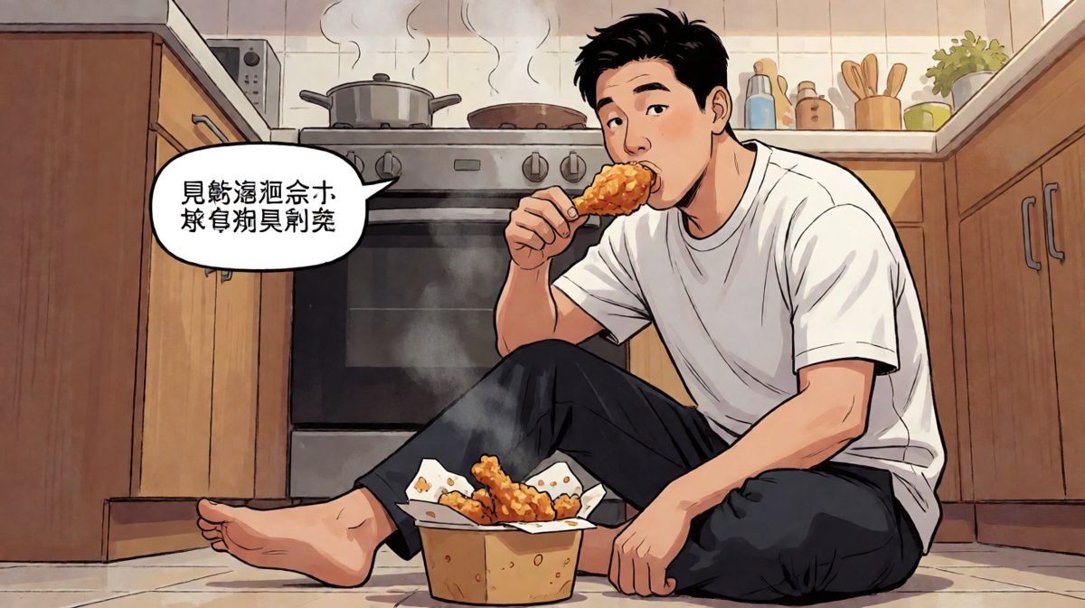 最终只能点外卖，男子含泪吃炸鸡