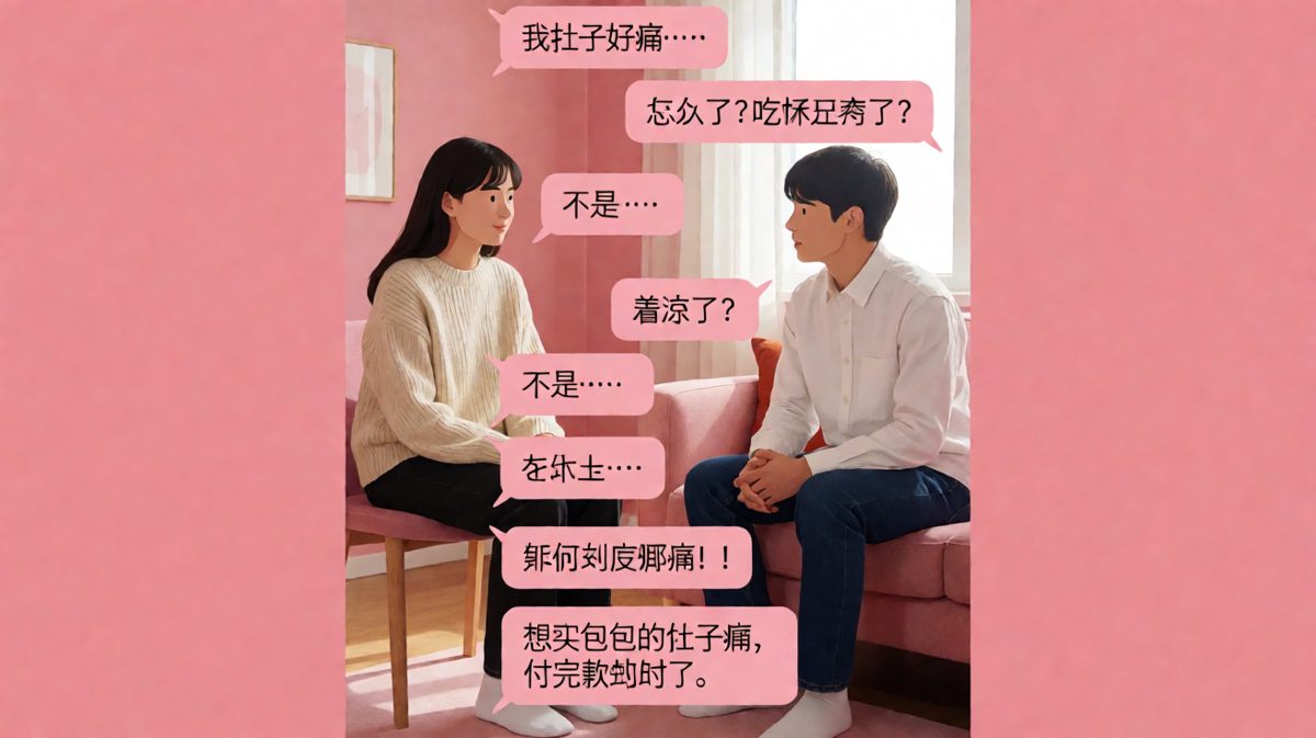 女生用「肚子痛」暗示要买包包，男生全程跑偏。