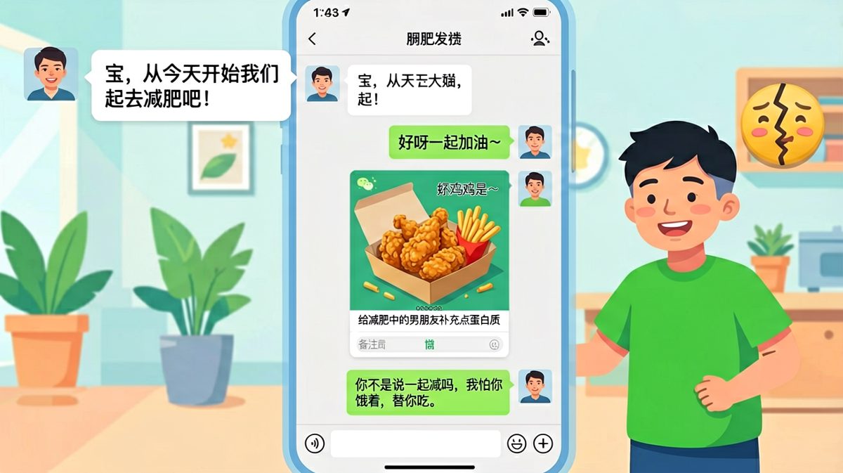 一起减肥的结果是你负责替我吃，我负责看着
