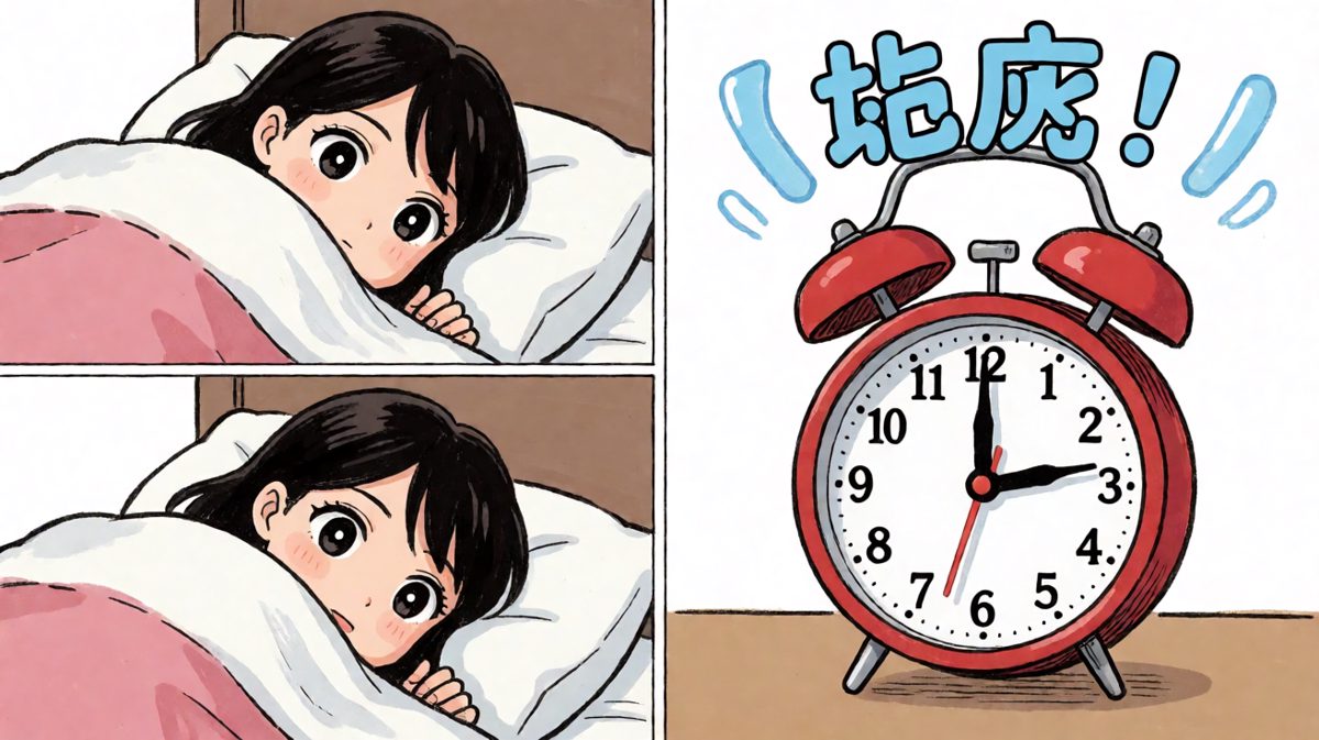 闹钟响起，主角缩在被窝里赖床。