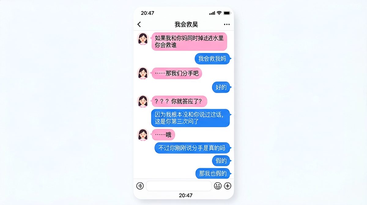 女生反复拿经典送命题试探男友，结果男友早已看穿并反向操作，最后双方和平收场