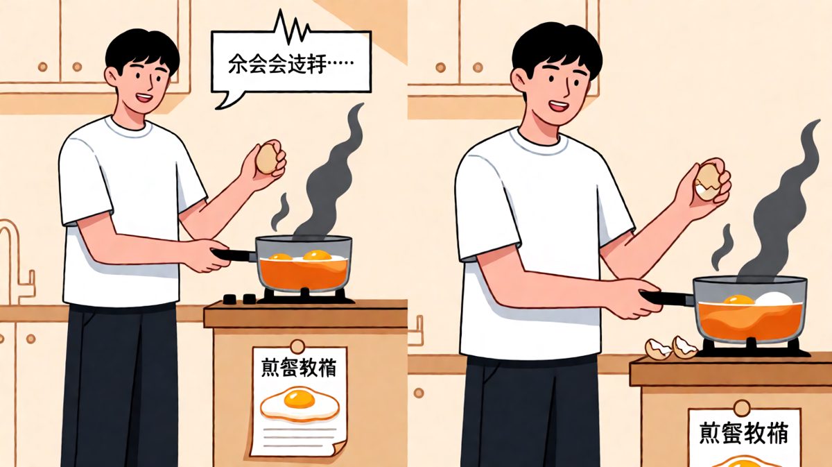 第一个蛋下锅，瞬间浓烟滚滚糊成一团