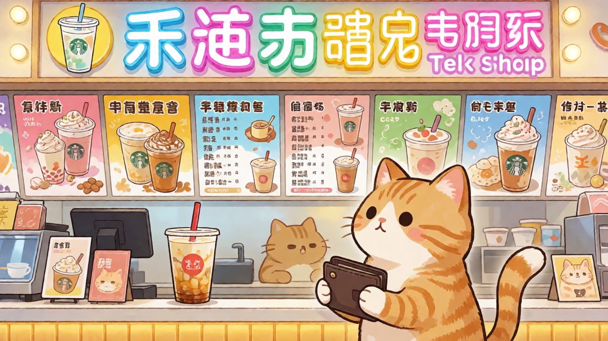 橘猫小福来到奶茶店，看到全菜单都想点