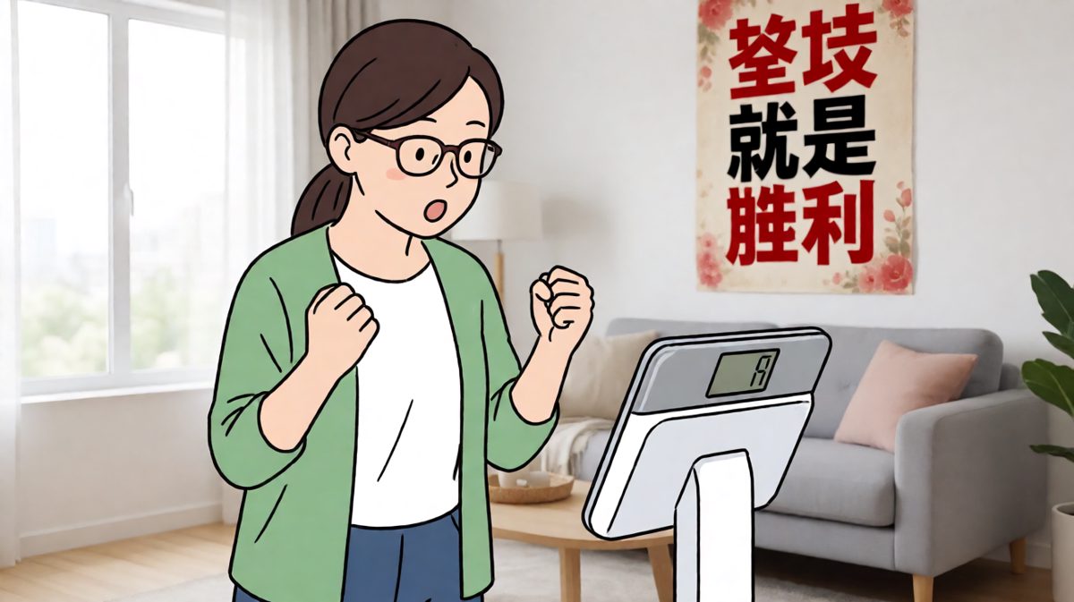 看着体重秤上的数字，他发誓从今天开始减肥！