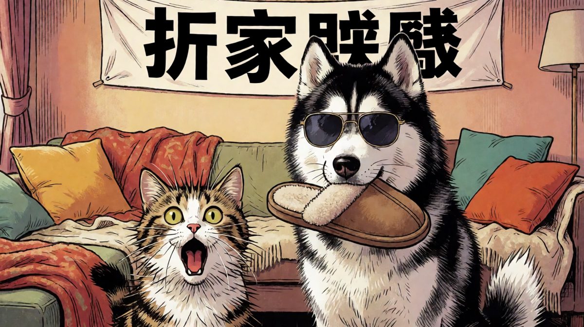 哈士奇拆家后的完美谢幕，猫咪看傻眼的表情