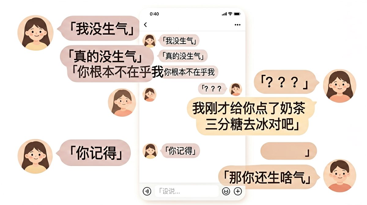 女生连发三句「生气」，结果男生记得她奶茶的糖度和温度，瞬间认输。