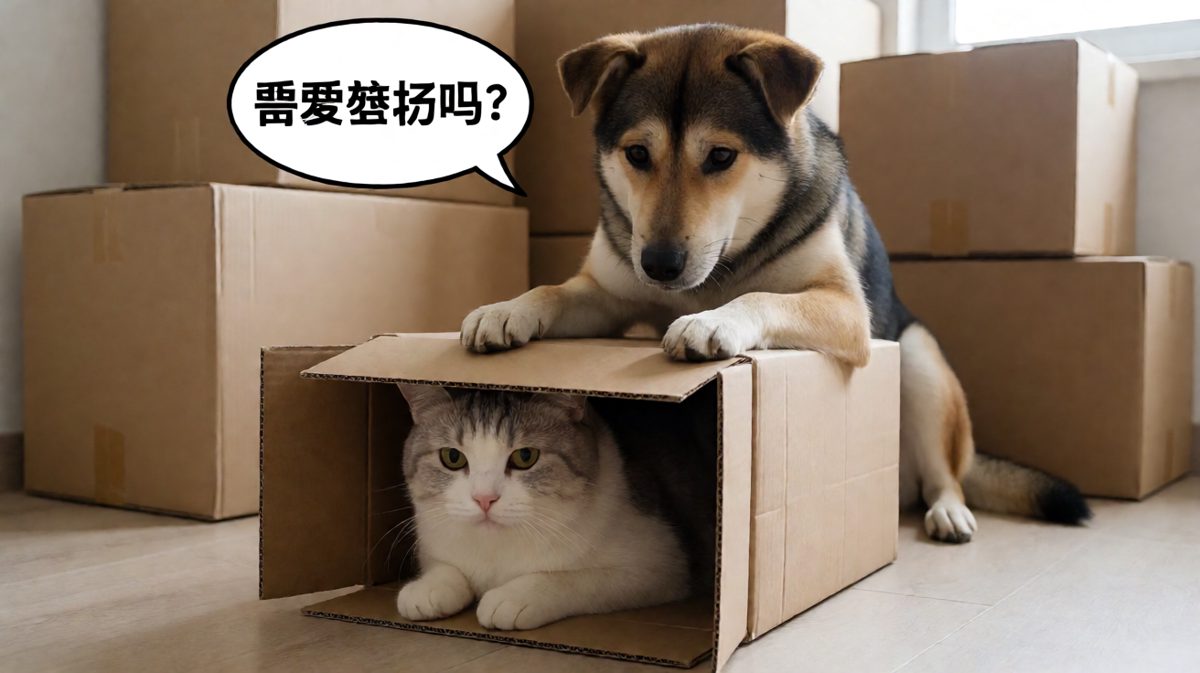 胖橘卡在纸箱出不来，狗子假装关心实则幸灾乐祸