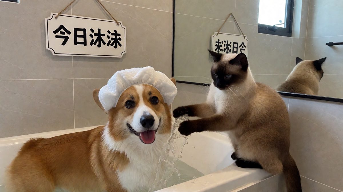 狗子洗澡嗨过头，猫咪暗中给水龙加戏