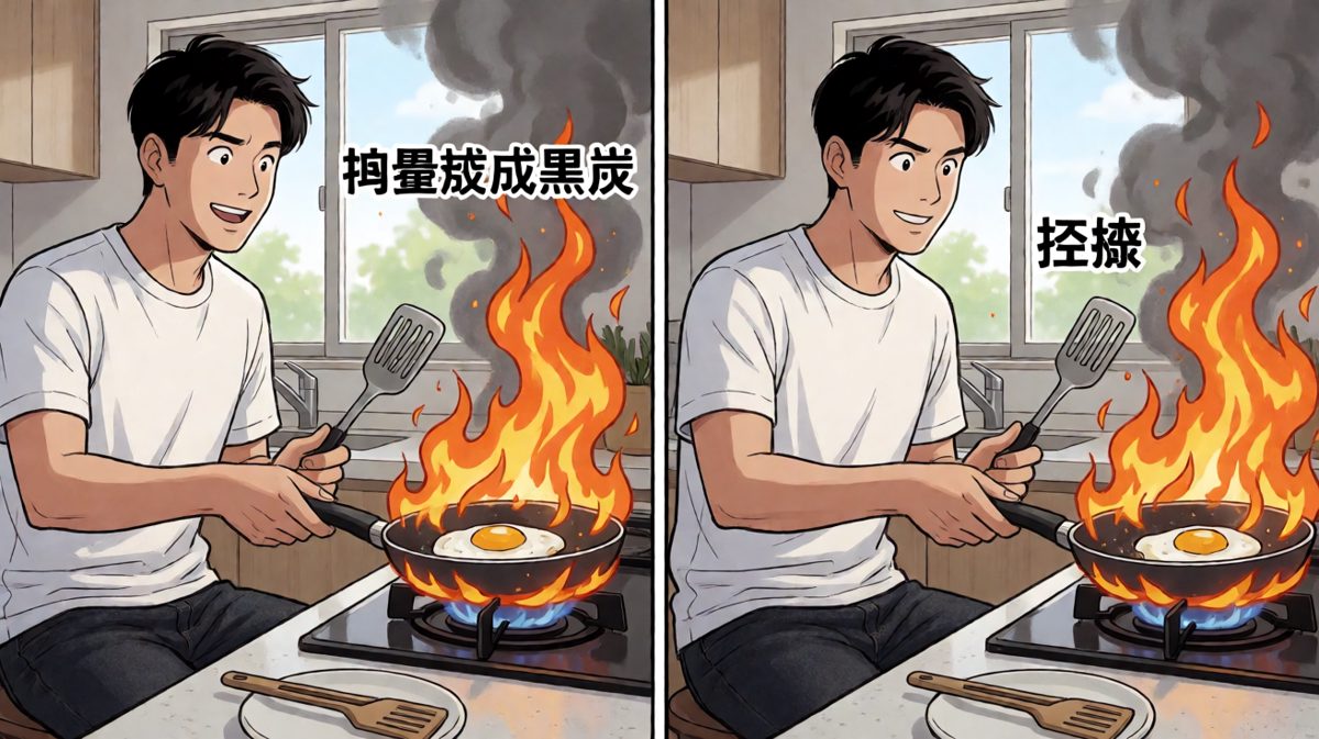 煎蛋突然起火，彻底失控